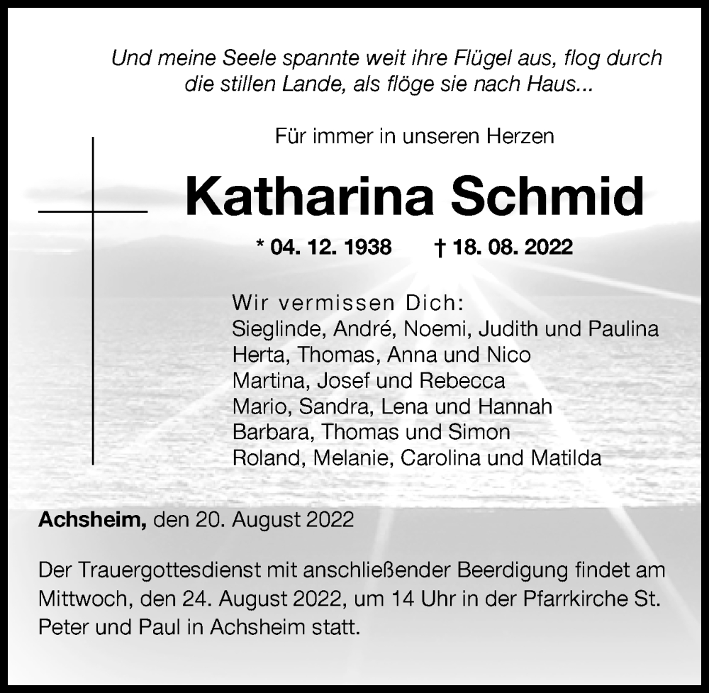 Traueranzeige von Katharina Schmid von Augsburger Allgemeine