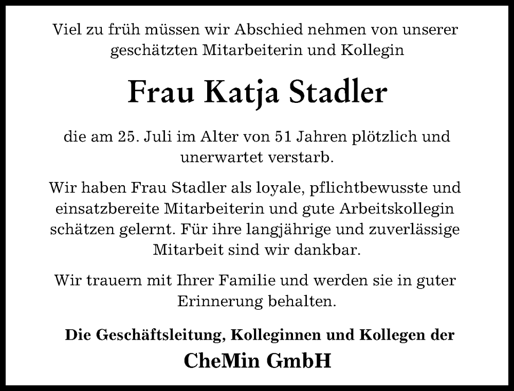 Traueranzeigen Von Katja Stadler Augsburger Allgemeine Zeitung