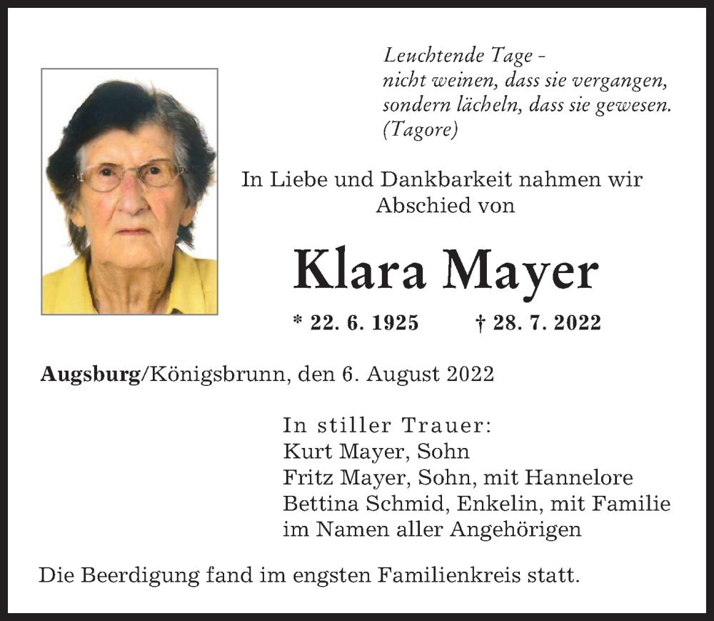 Traueranzeigen Von Klara Mayer Augsburger Allgemeine Zeitung