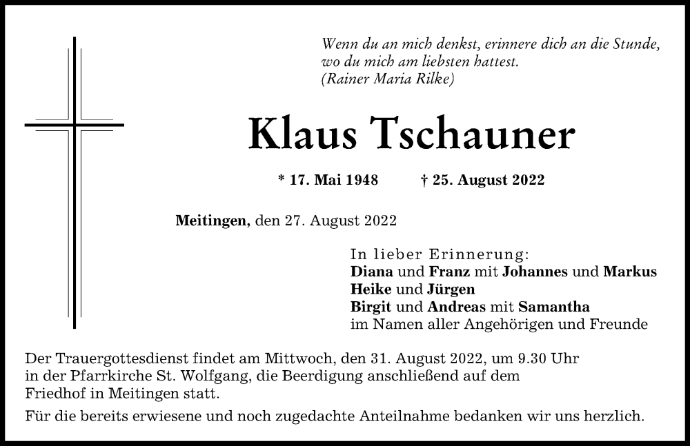 Traueranzeige von Klaus Tschauner von Augsburg-Land