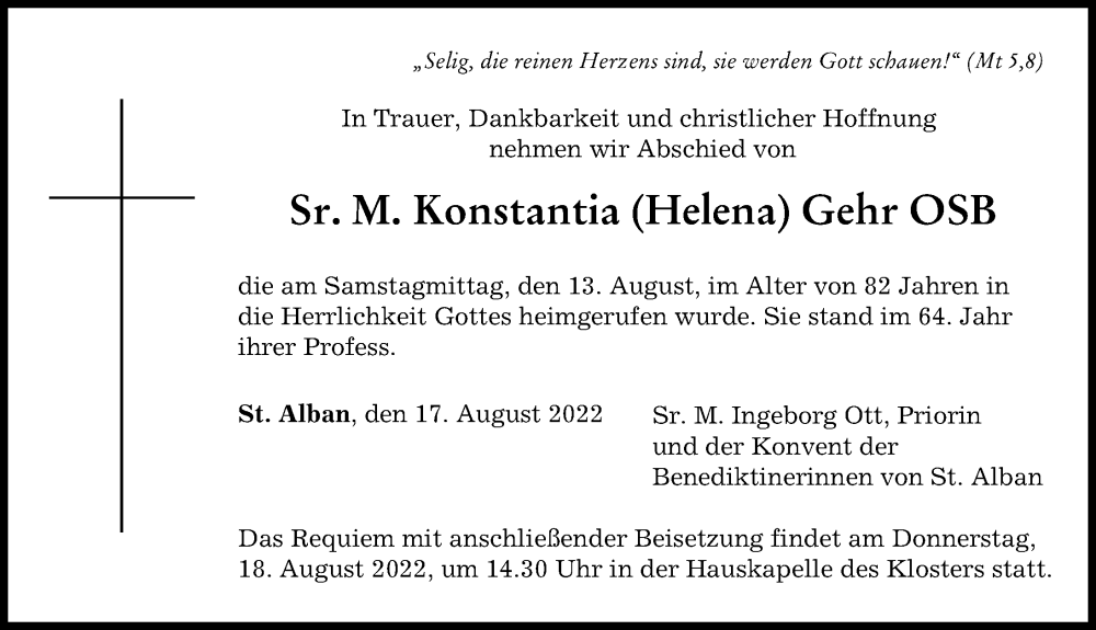  Traueranzeige für Konstantia Gehr vom 17.08.2022 aus Landsberger Tagblatt