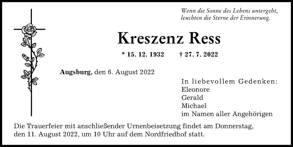 Traueranzeige für Kreszenz Ress vom 06.08.2022 aus Augsburger Allgemeine