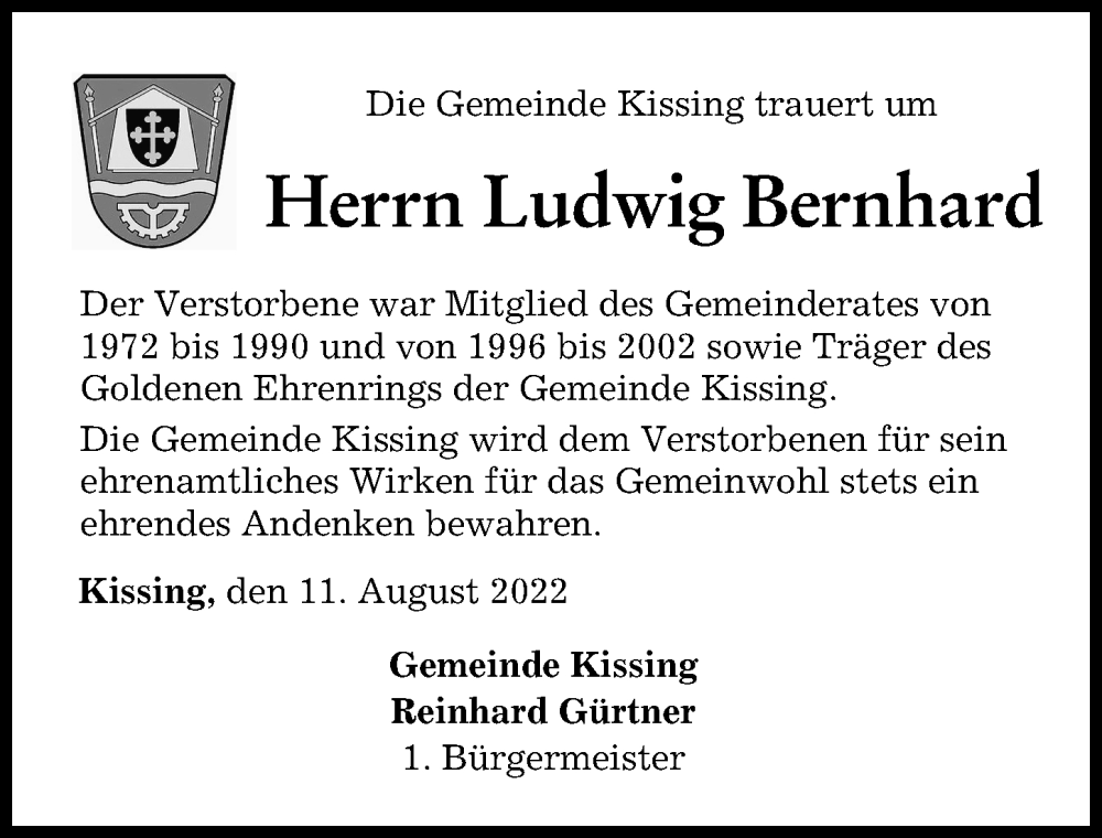  Traueranzeige für Ludwig Bernhard vom 11.08.2022 aus Friedberger Allgemeine