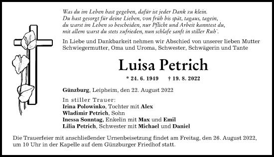 Traueranzeige von Luisa Petrich von Günzburger Zeitung