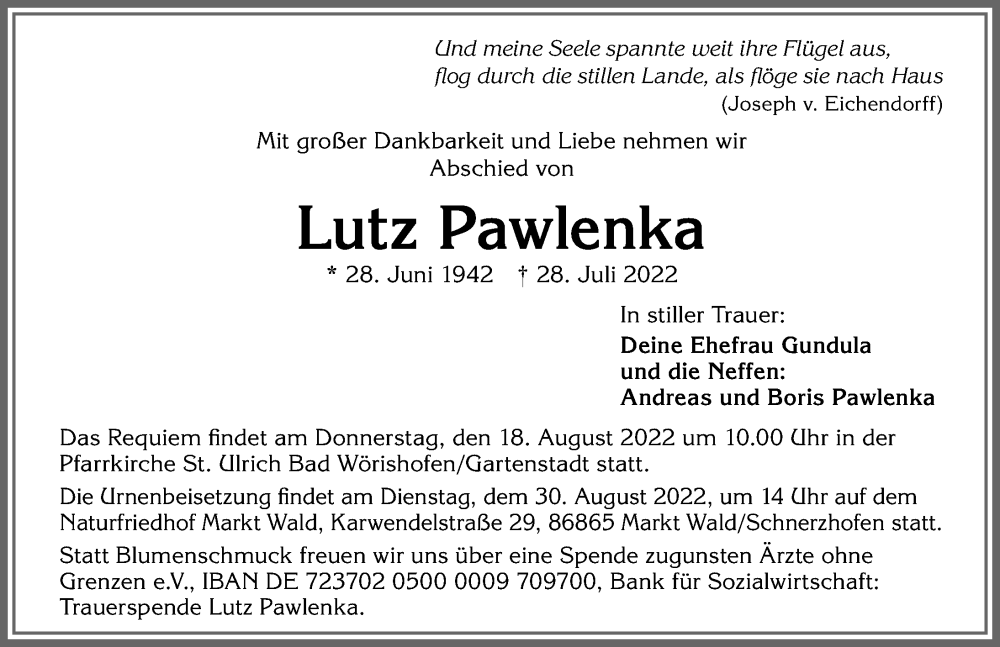 Traueranzeige von Lutz Pawlenka von Mindelheimer Zeitung