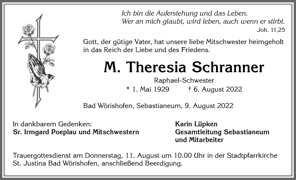  Traueranzeige für M. Theresia Schranner vom 09.08.2022 aus Mindelheimer Zeitung