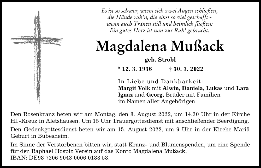 Traueranzeige von Magdalena Mußack von Mittelschwäbische Nachrichten, Günzburger Zeitung