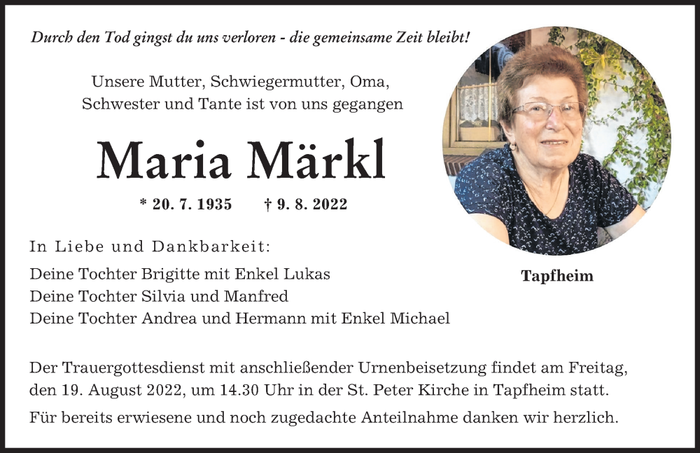 Traueranzeige von Maria Märkl von Donauwörther Zeitung