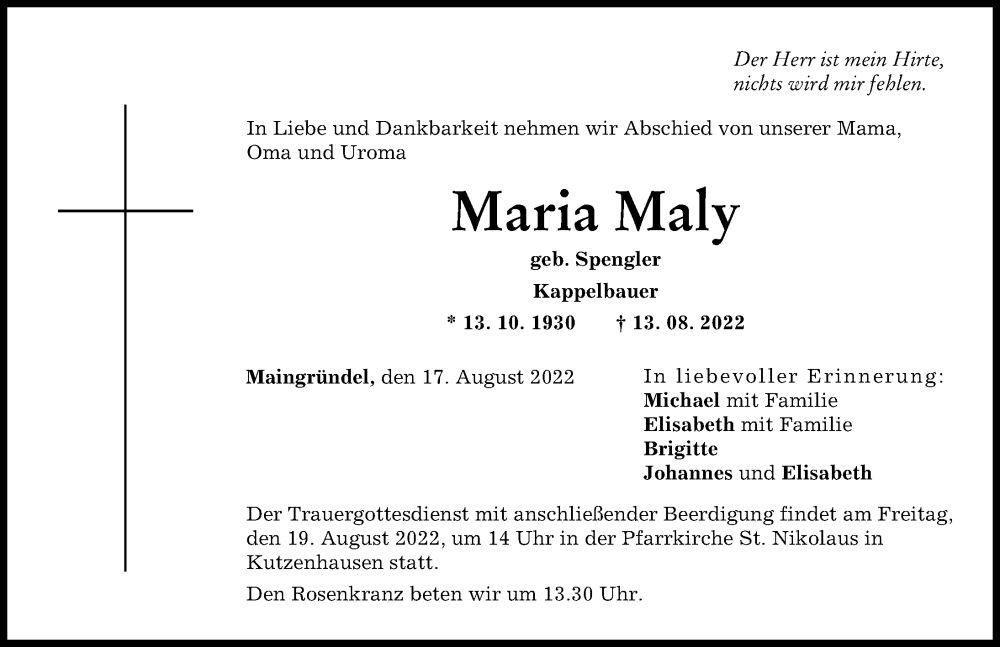 Traueranzeige von Maria Maly von Augsburg-Land