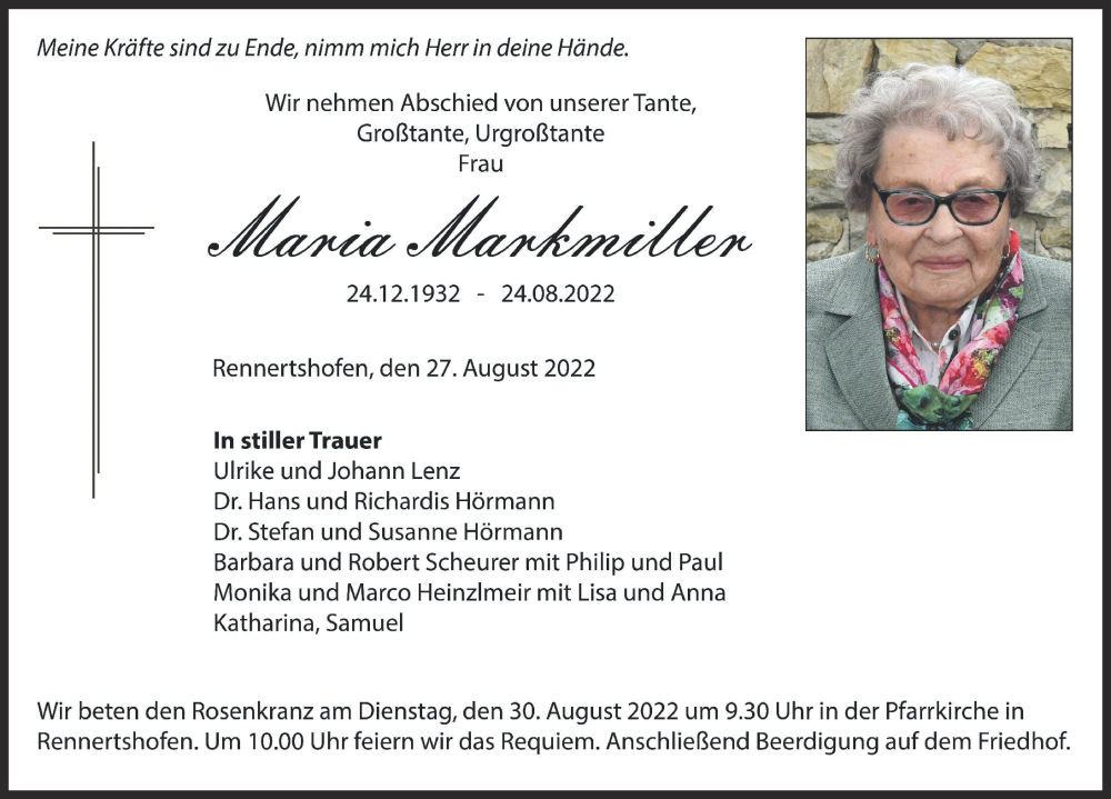 Traueranzeige von Maria Markmiller von Neuburger Rundschau