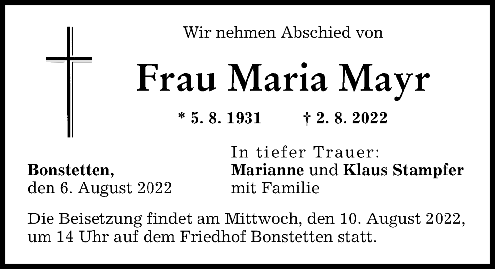 Traueranzeige von Maria Mayr von Augsburg-Land
