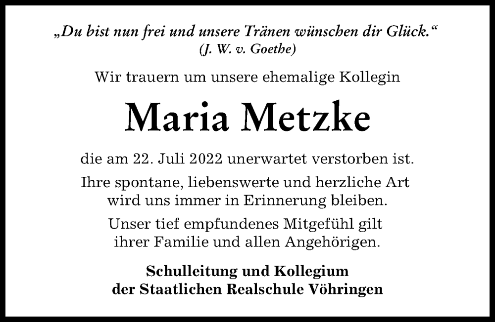  Traueranzeige für Maria Metzke vom 08.08.2022 aus Illertisser Zeitung