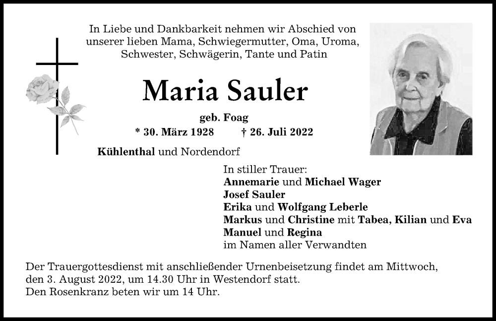 Traueranzeige von Maria Sauler von Augsburg-Land