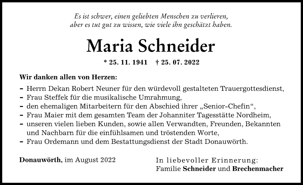 Traueranzeige von Maria Schneider von Donauwörther Zeitung