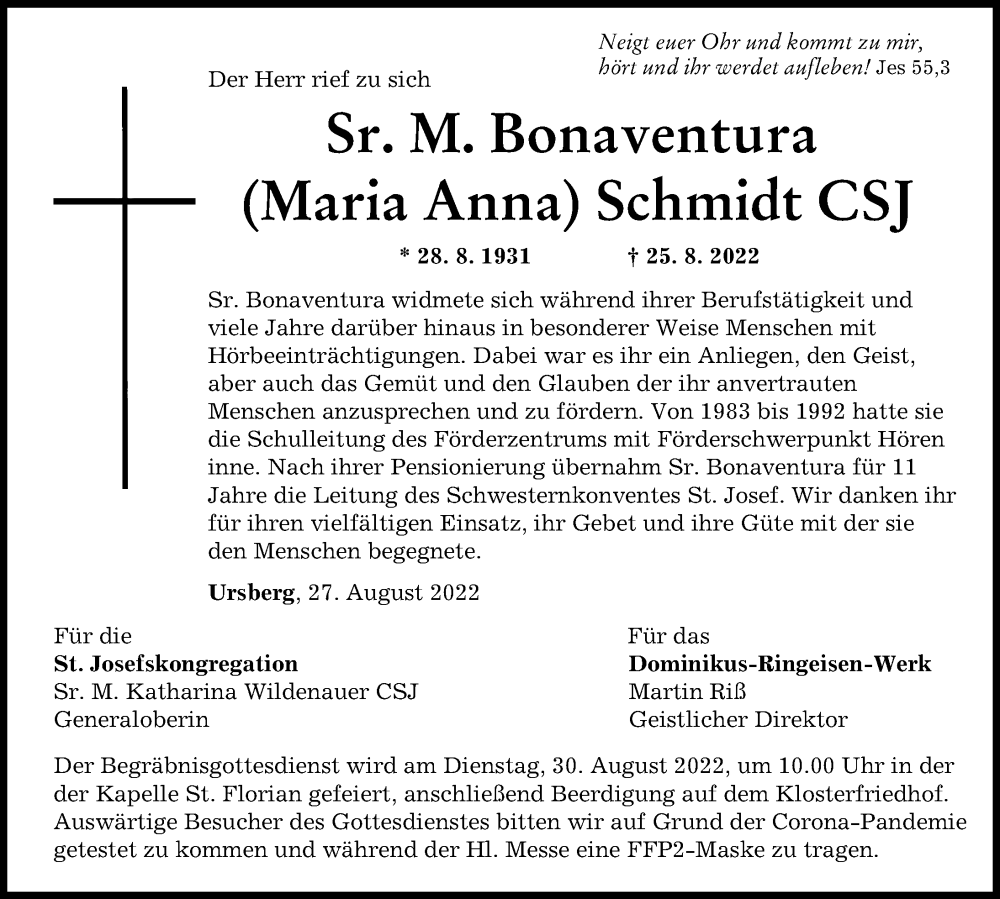 Traueranzeige von Maria Anna Schmidt von Mittelschwäbische Nachrichten