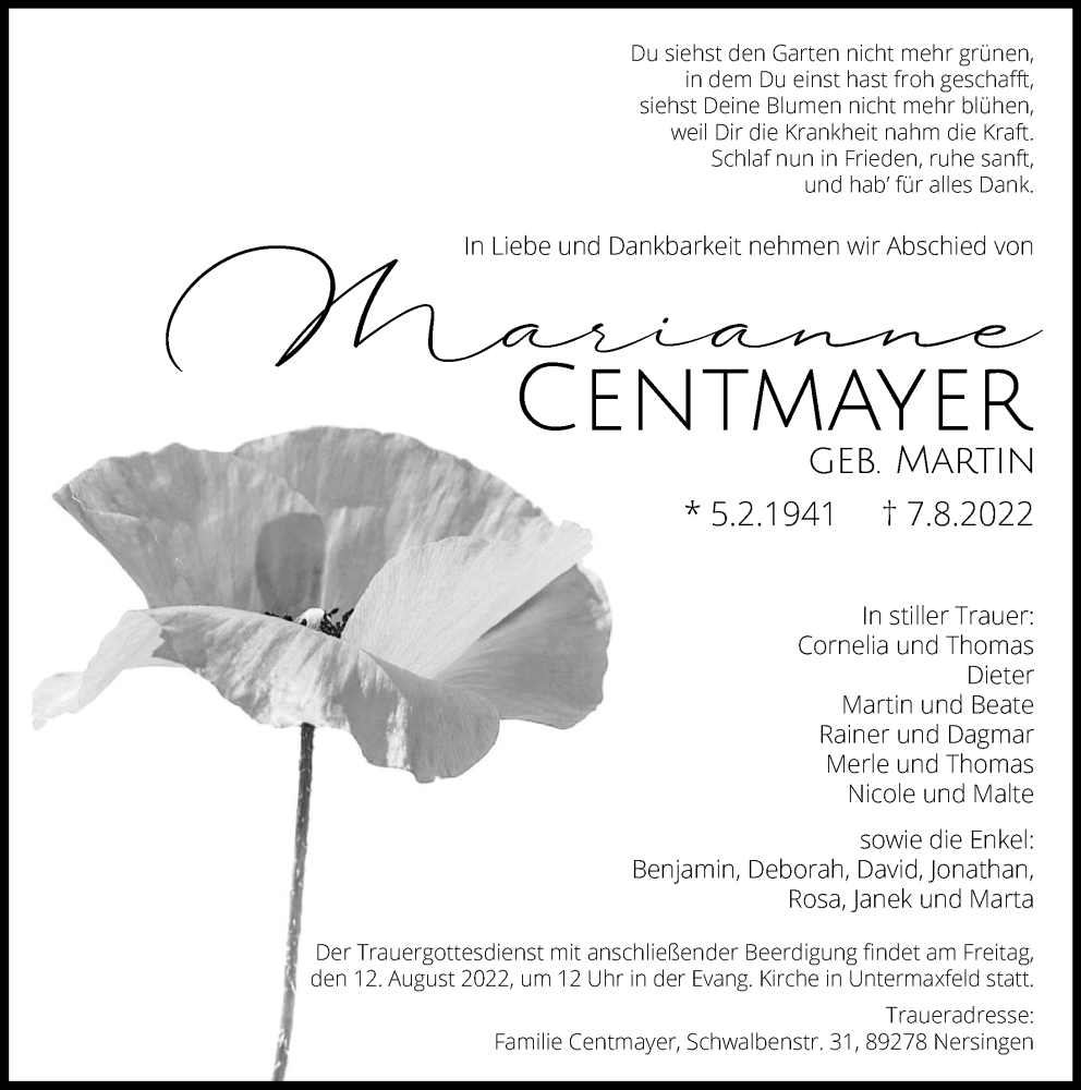  Traueranzeige für Marianne Centmayer vom 10.08.2022 aus Neuburger Rundschau