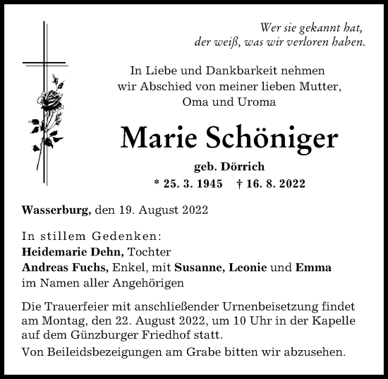 Traueranzeige von Marie Schöniger von Günzburger Zeitung