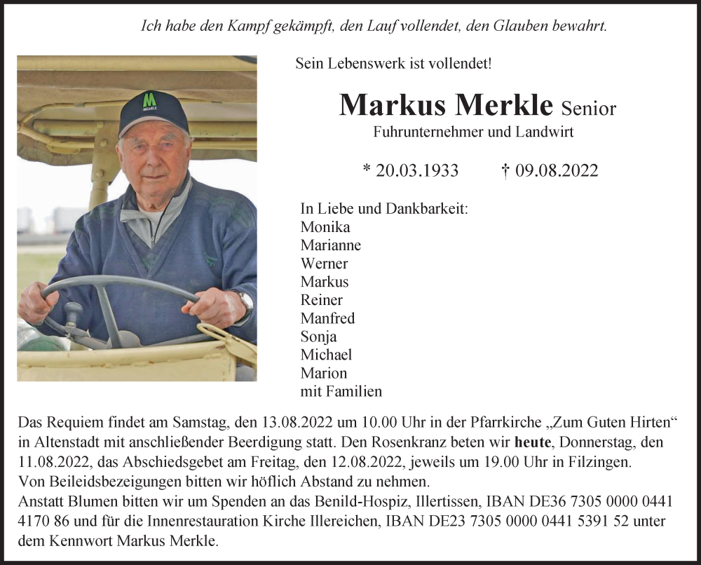  Traueranzeige für Markus Merkle vom 11.08.2022 aus Illertisser Zeitung