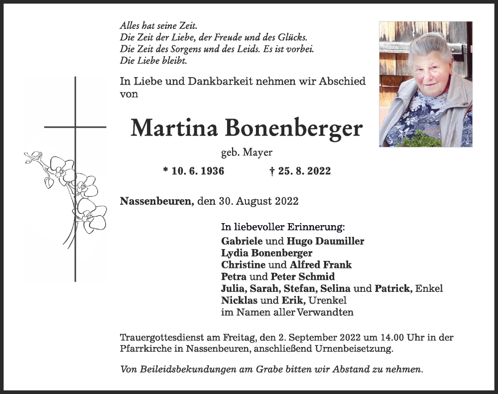 Traueranzeige von Martina Bonenberger von Mindelheimer Zeitung