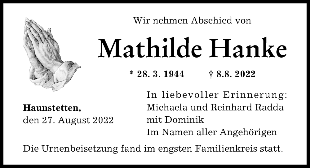 Traueranzeige von Mathilde Hanke von Augsburger Allgemeine