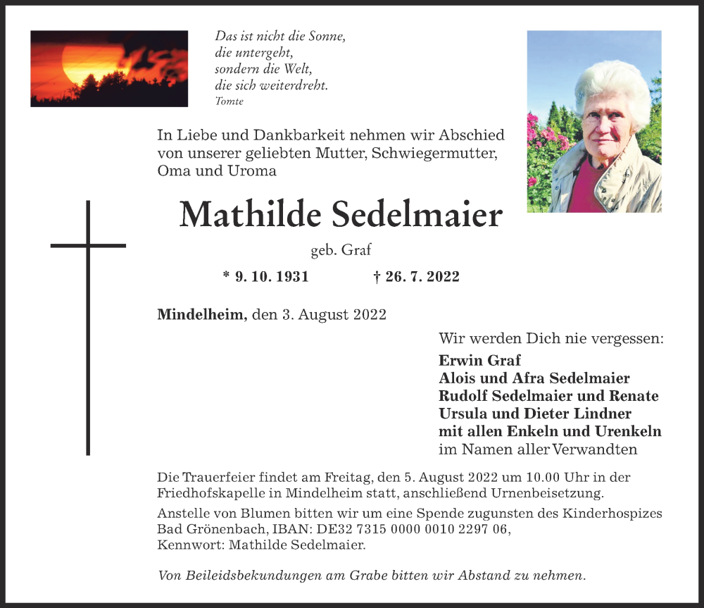  Traueranzeige für Mathilde Sedelmaier vom 03.08.2022 aus Mindelheimer Zeitung