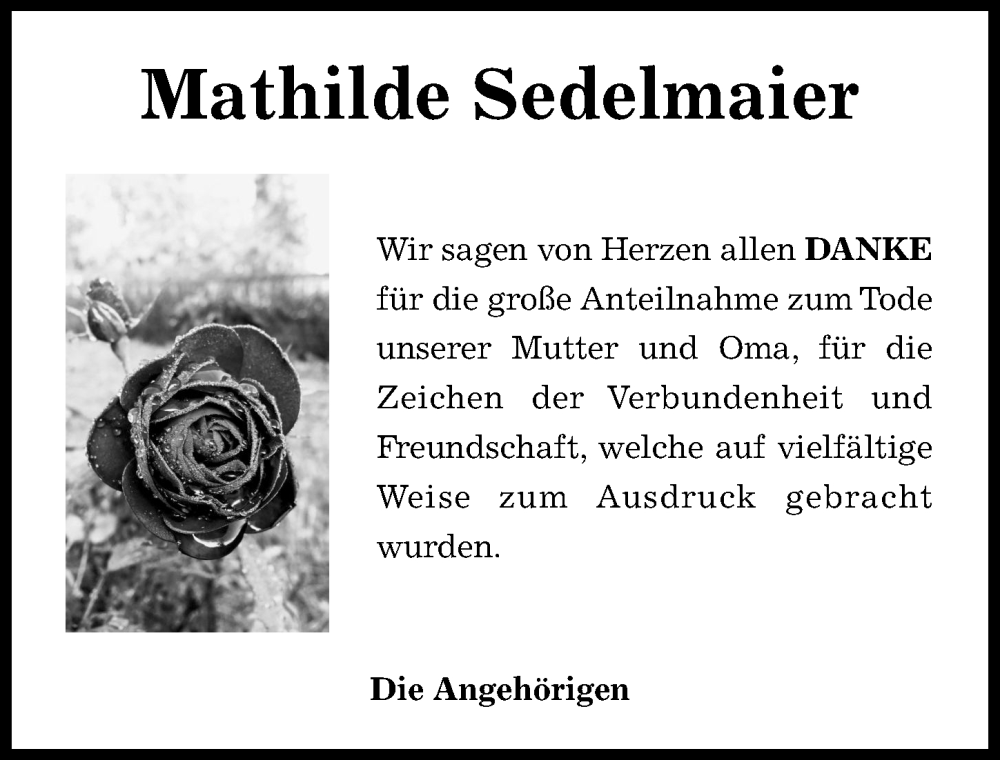  Traueranzeige für Mathilde Sedelmaier vom 13.08.2022 aus Mindelheimer Zeitung