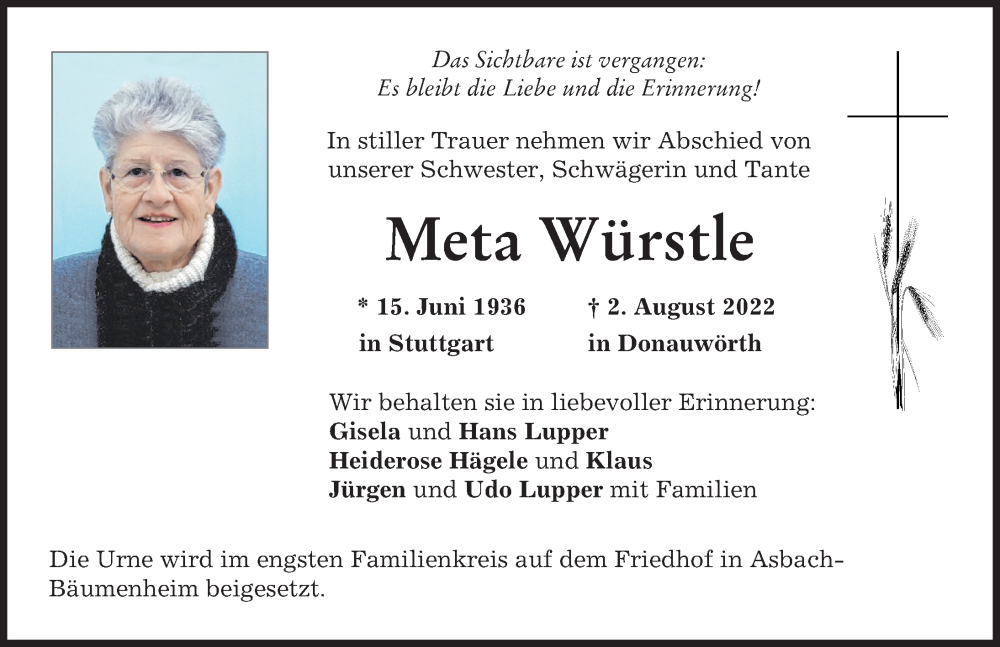  Traueranzeige für Meta Würstle vom 04.08.2022 aus Donauwörther Zeitung