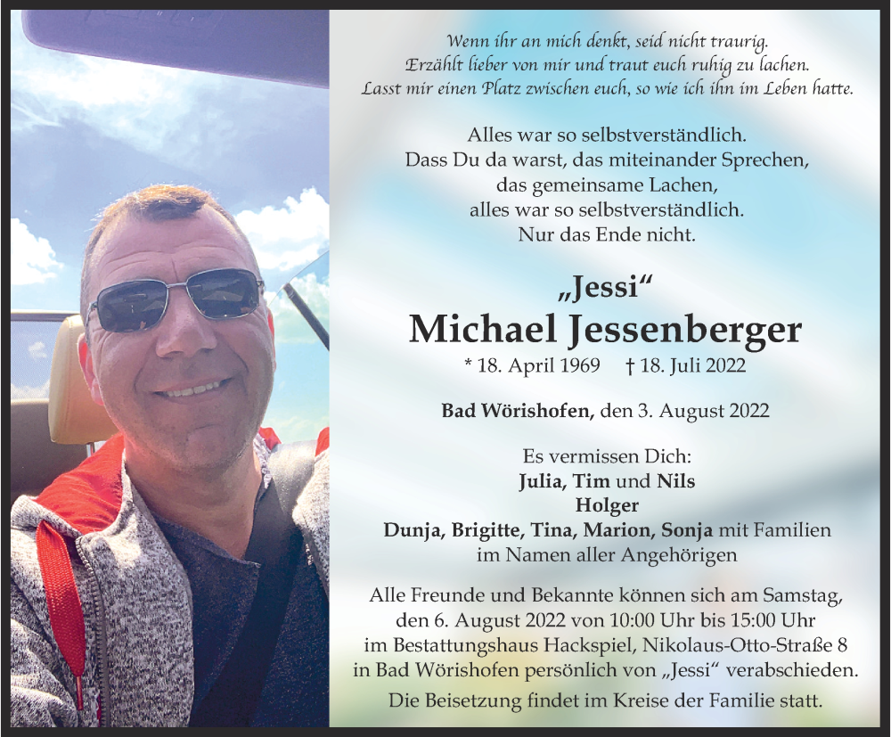  Traueranzeige für Michael Jessenberger vom 03.08.2022 aus Mindelheimer Zeitung