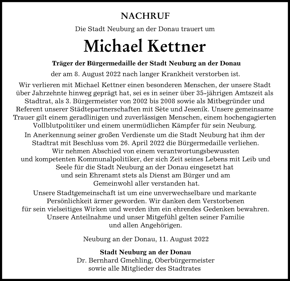  Traueranzeige für Michael Kettner vom 11.08.2022 aus Neuburger Rundschau