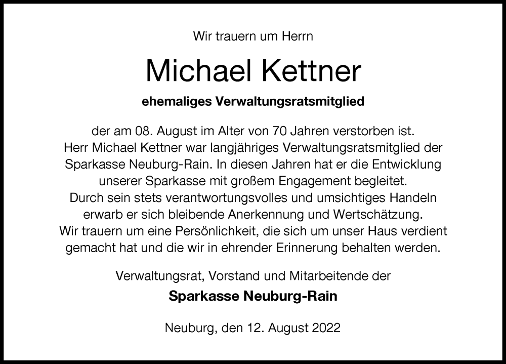  Traueranzeige für Michael Kettner vom 16.08.2022 aus Neuburger Rundschau