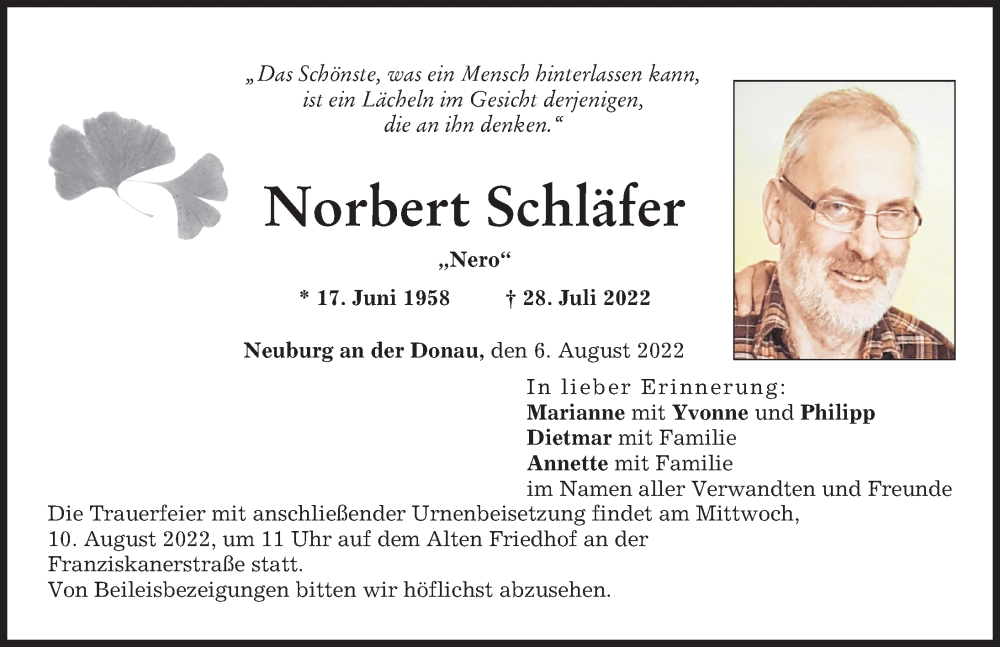 Traueranzeige von Norbert Schläfer von Neuburger Rundschau