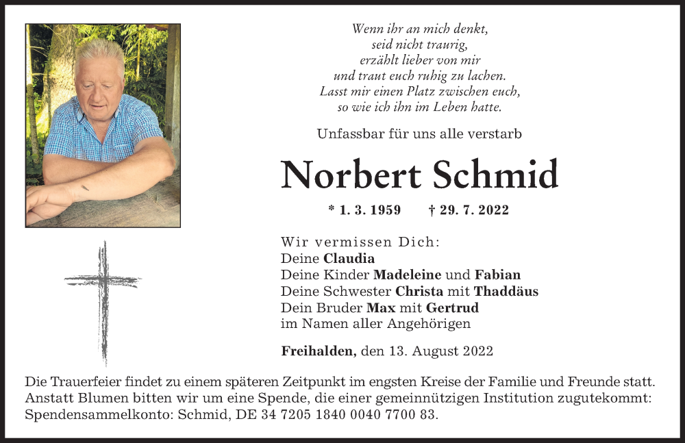 Traueranzeige für Norbert Schmid vom 13.08.2022 aus Augsburger Allgemeine, Günzburger Zeitung