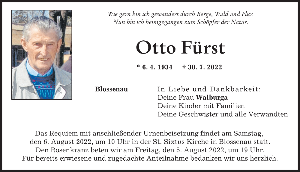 Traueranzeige von Otto Fürst von Donauwörther Zeitung