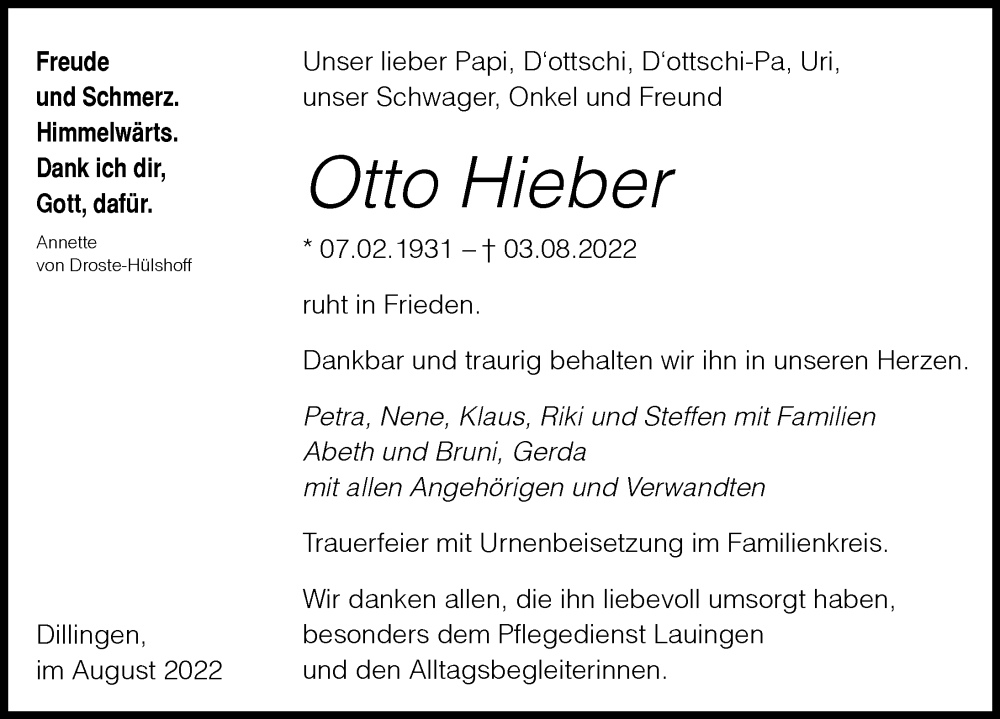 Traueranzeige von Otto Hieber von Donau Zeitung