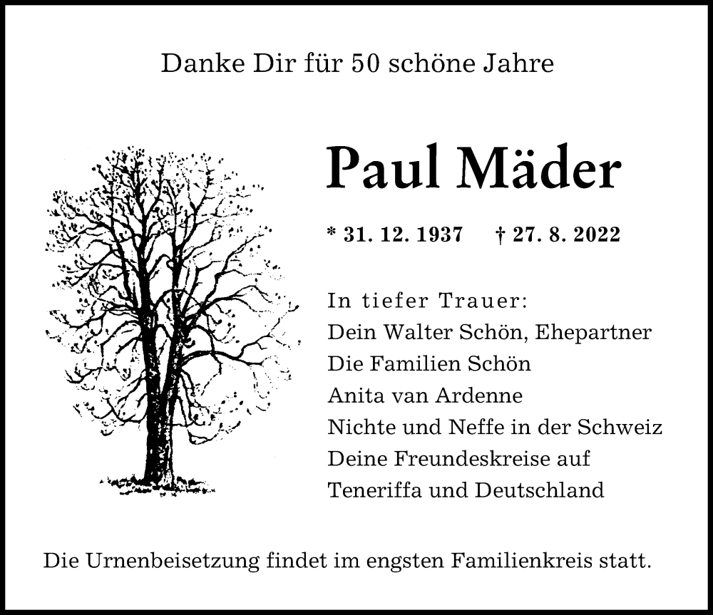 Traueranzeige von Paul Mäder von Augsburger Allgemeine