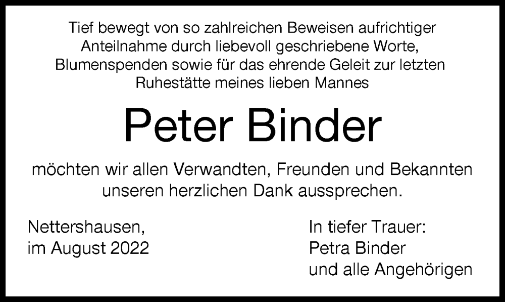  Traueranzeige für Peter Binder vom 25.08.2022 aus Mittelschwäbische Nachrichten