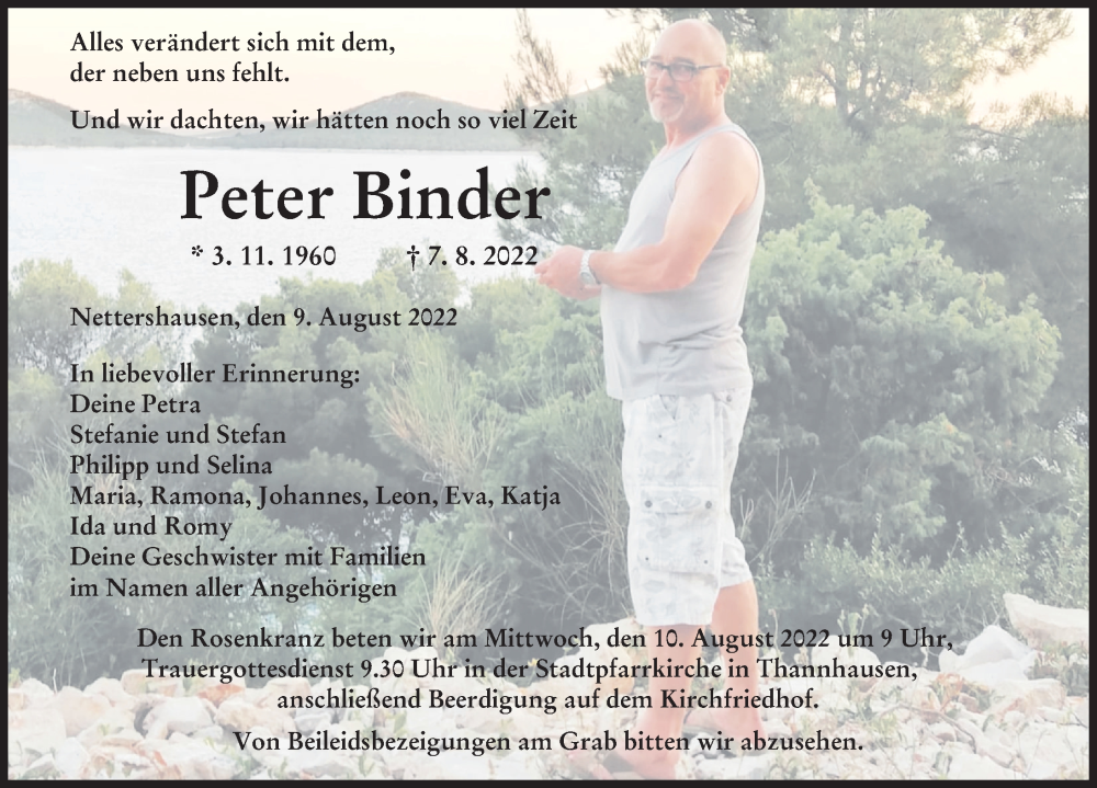  Traueranzeige für Peter Binder vom 09.08.2022 aus Mittelschwäbische Nachrichten