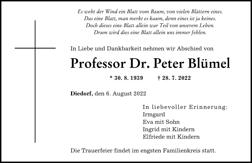 Traueranzeige von Peter Blümel von Augsburger Allgemeine