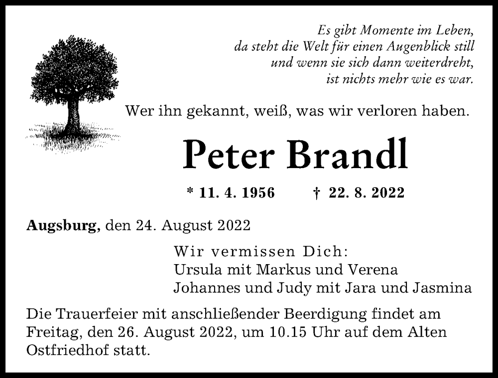 Traueranzeige von Peter Brand von Augsburger Allgemeine