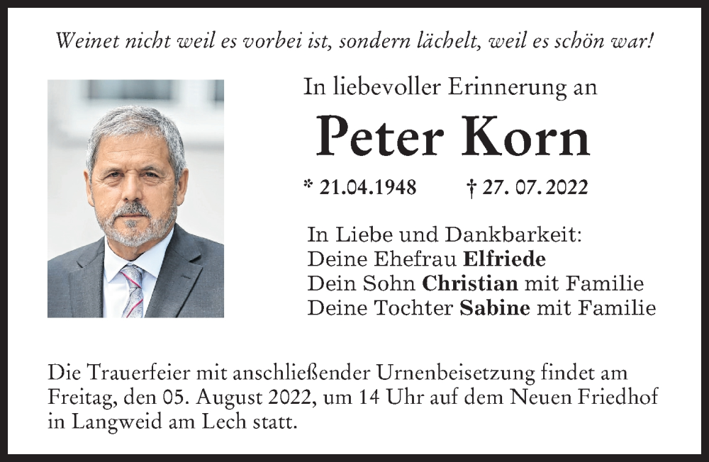 Traueranzeige von Peter Korn von Augsburg-Land