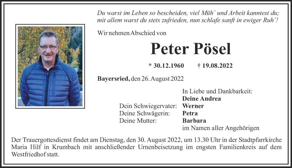  Traueranzeige für Peter Pösel vom 26.08.2022 aus Mittelschwäbische Nachrichten