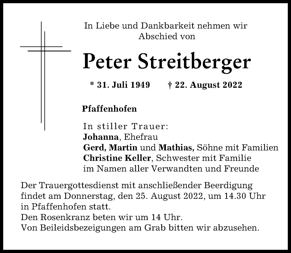 Traueranzeige von Peter Streitberger von Donauwörther Zeitung