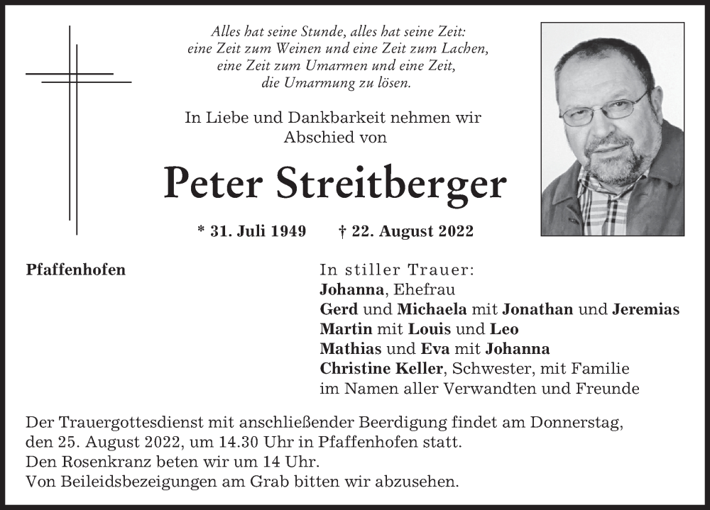 Traueranzeige von Peter Streitberger von Wertinger Zeitung