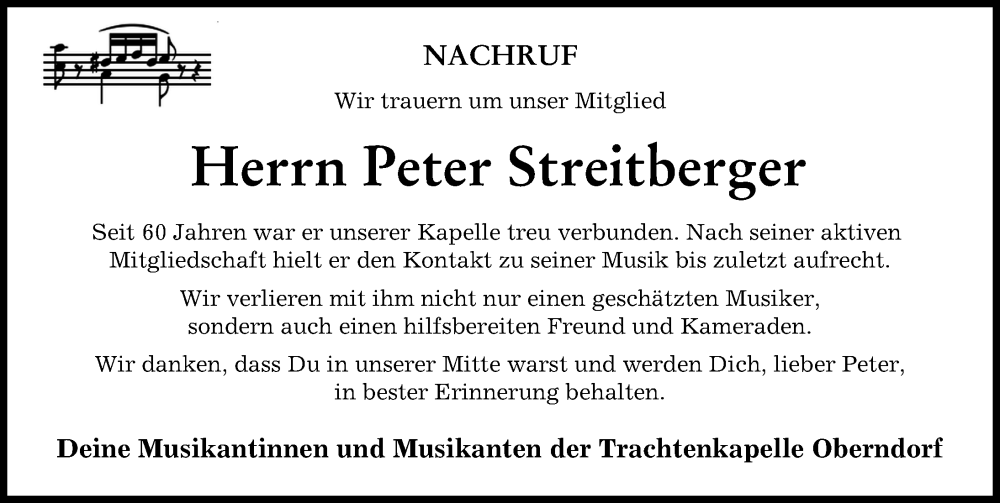 Traueranzeige von Peter Streitberger von Donauwörther Zeitung