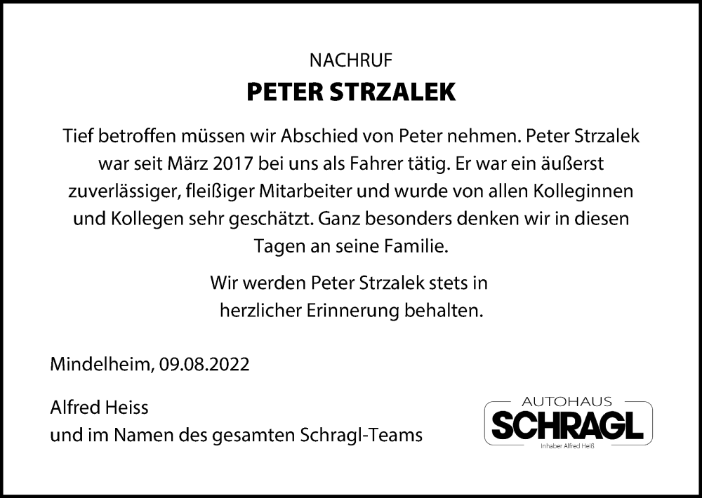  Traueranzeige für Peter Strzalek vom 09.08.2022 aus Mindelheimer Zeitung