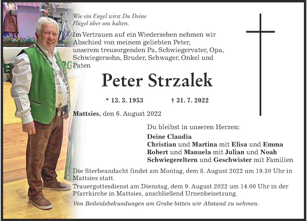  Traueranzeige für Peter Strzalek vom 06.08.2022 aus Mindelheimer Zeitung