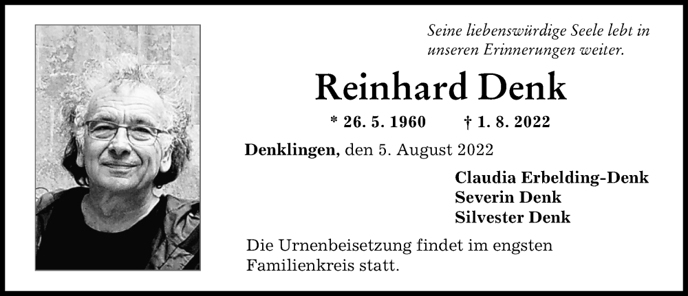  Traueranzeige für Reinhard Denk vom 05.08.2022 aus Landsberger Tagblatt