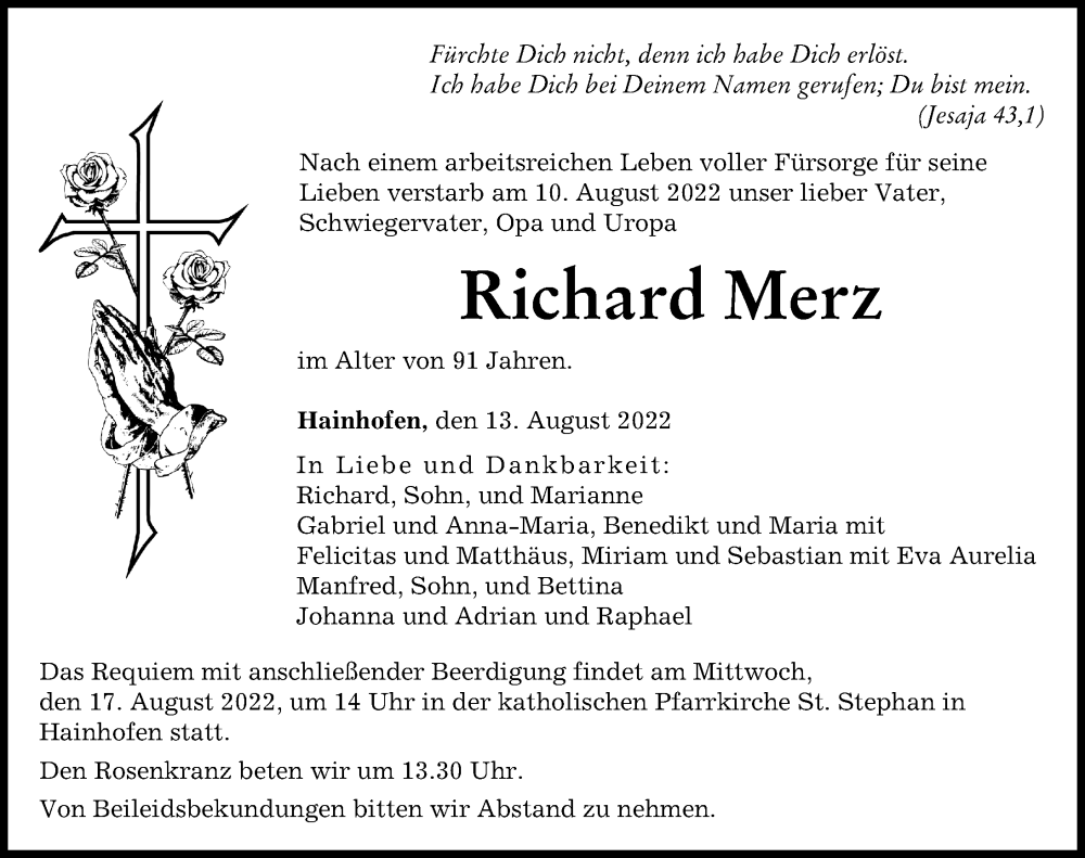 Traueranzeige von Richard Merz von Augsburger Allgemeine