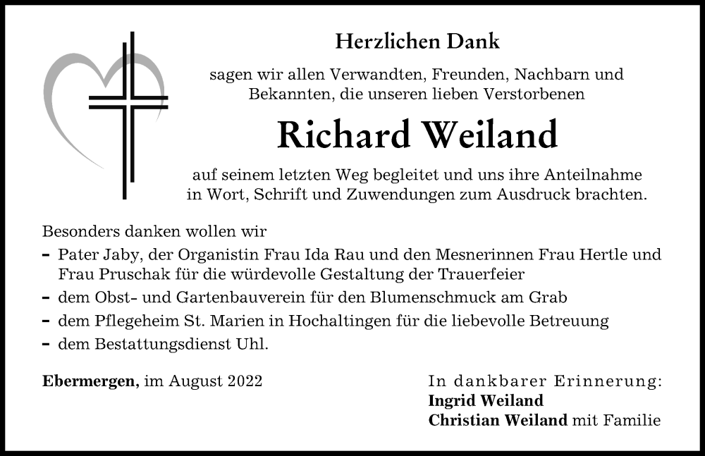 Traueranzeige von Richard Weiland von Donauwörther Zeitung