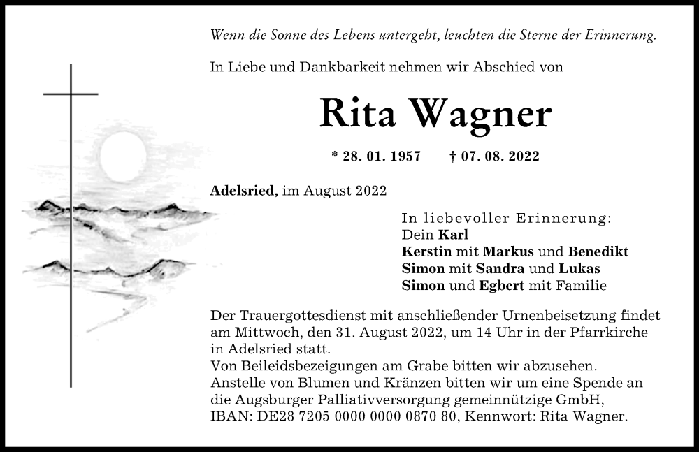 Traueranzeige von Rita Wagner von Augsburg-Land